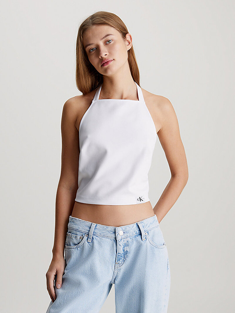 Calvin Klein Beyaz Renkli Kadın Sheen Milano Halter Bluz