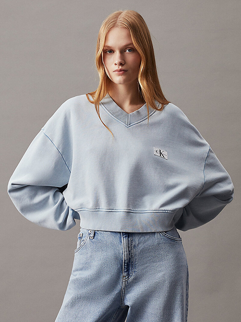 Calvin Klein Mavi Renkli Kadın Woven Label Washed Sweatshirt