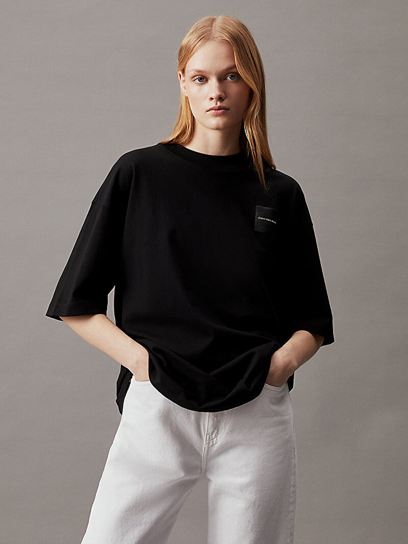 Calvin Klein Siyah Renkli Kadın Warp Logo Boyfriend T-Shirt