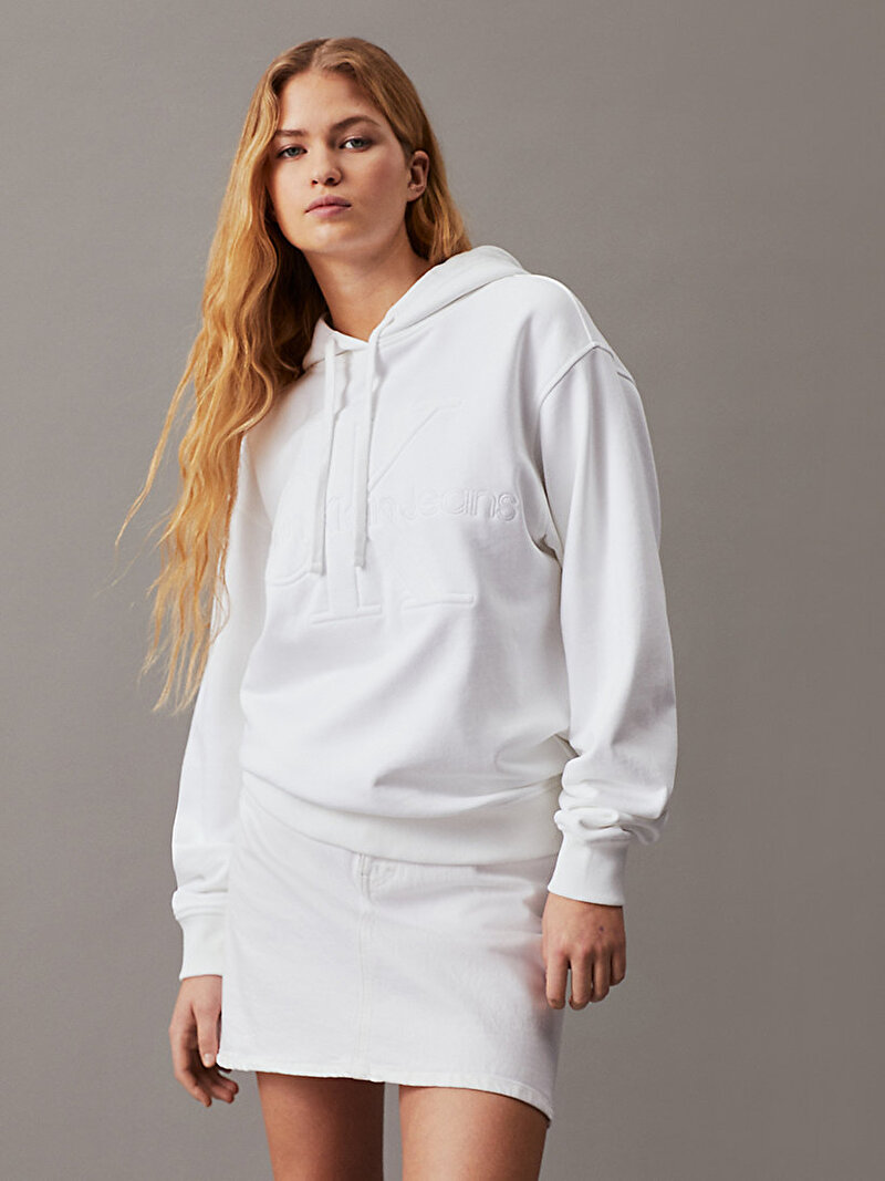 Calvin Klein Beyaz Renkli Kadın Premium Monologo Hoodie Sweatshirt