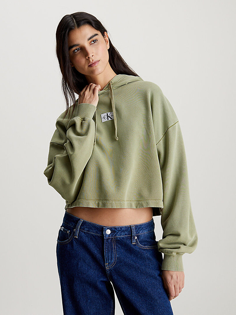 Calvin Klein Yeşil Renkli Kadın Washed Woven Label Sweatshirt