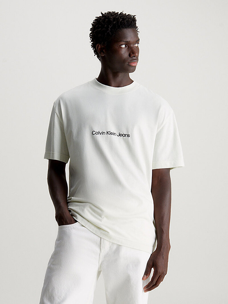 Calvin Klein Beyaz Renkli Erkek Square Frequency Logo T-Shirt