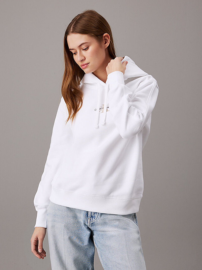 Calvin Klein Beyaz Renkli Kadın Monologo Regular Hoodie Sweatshirt