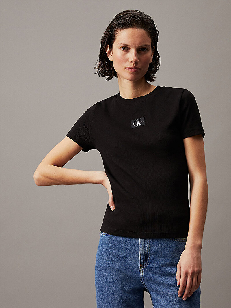 Calvin Klein Siyah Renkli Kadın Woven Label Rib T-Shirt