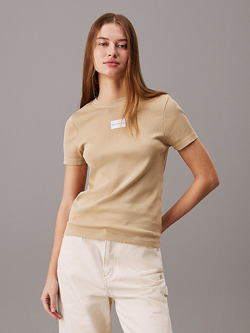 Calvin Klein Bej Renkli Kadın Washed Woven Label T-Shirt