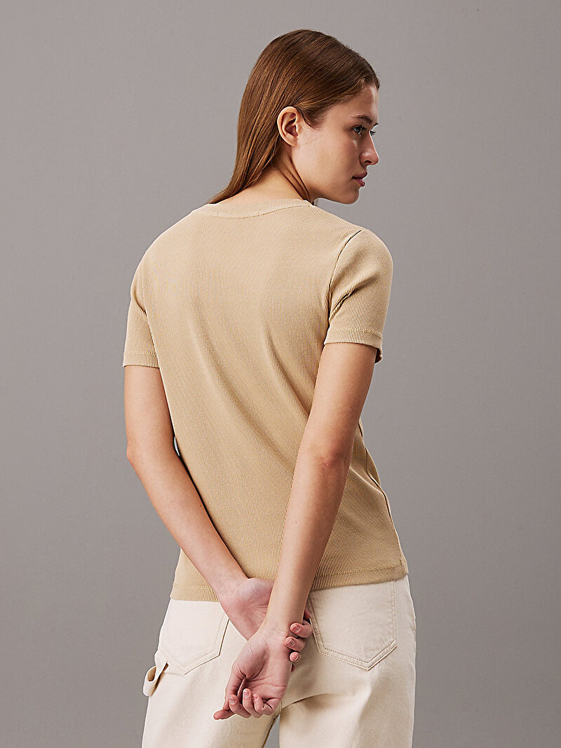 Calvin Klein Bej Renkli Kadın Washed Woven Label T-Shirt