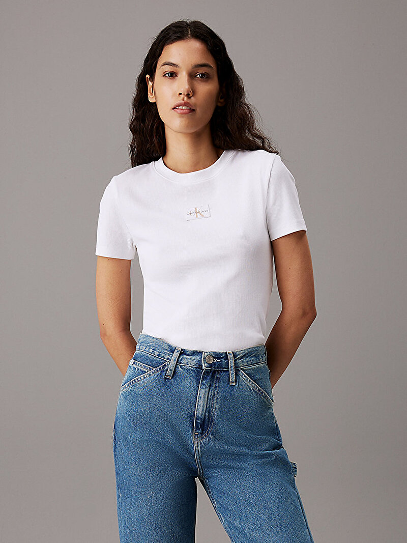 Calvin Klein Beyaz Renkli Kadın Woven Label Rib T-Shirt