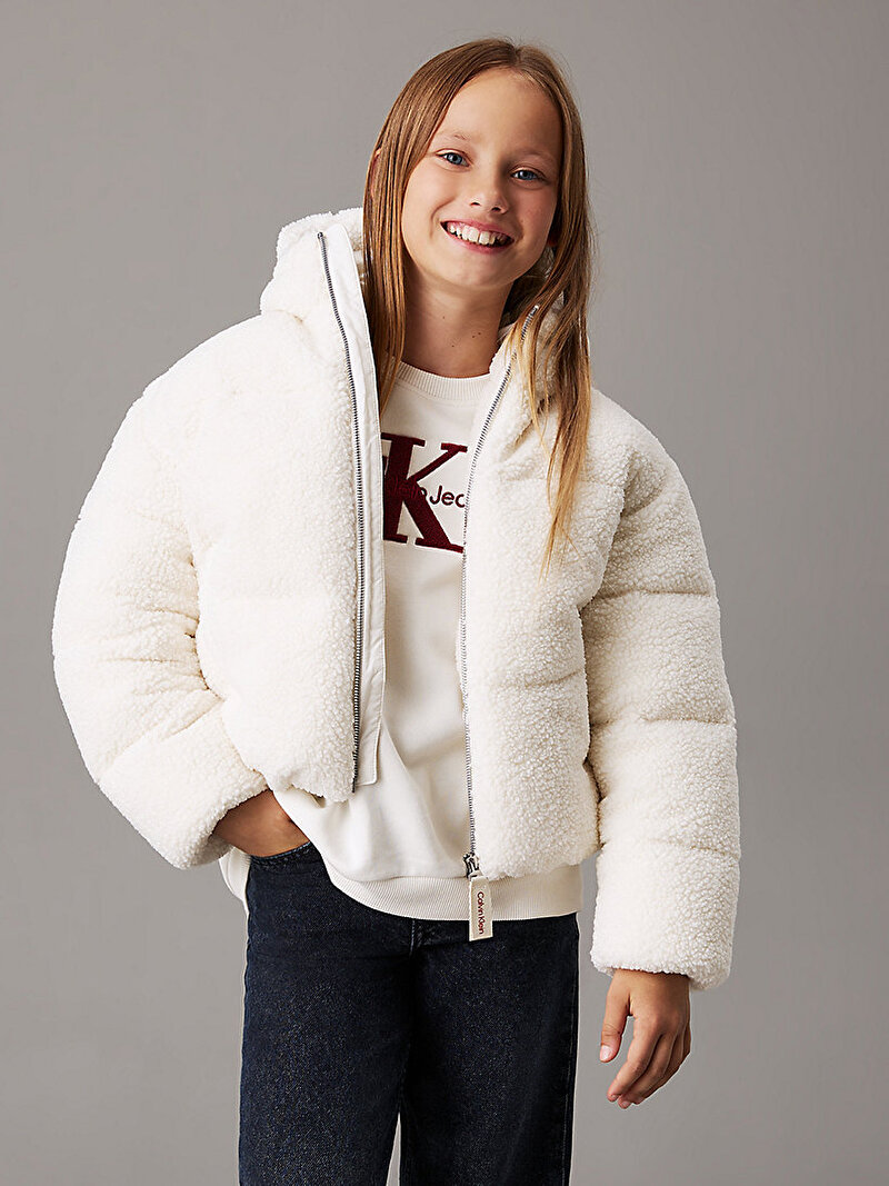 Calvin Klein Ekru Renkli Kız Çocuk Teddy Puffer Mont