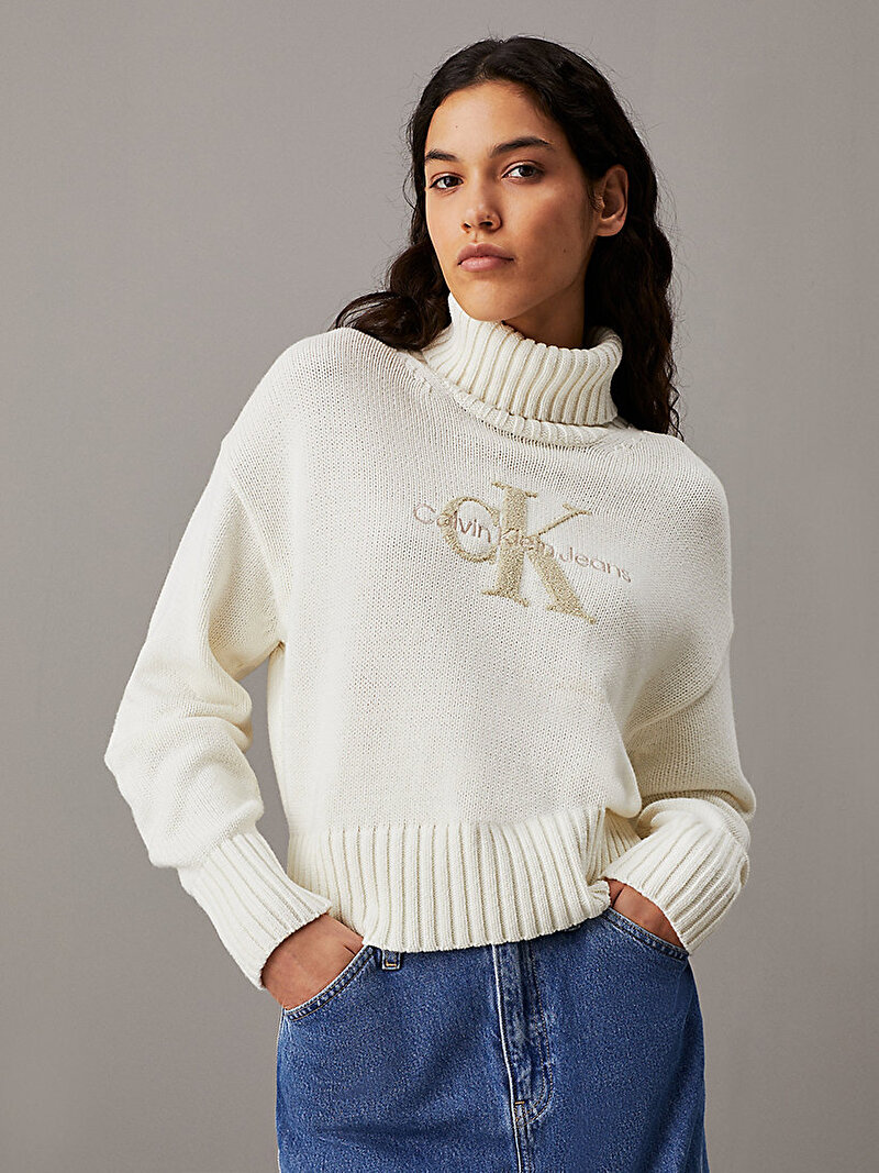 Calvin Klein Ekru Renkli Kadın Chenille Monologo Kazak