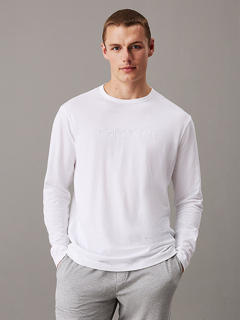 Calvin Klein Beyaz Renkli Erkek Crew Neck Uzun Kollu T-Shirt