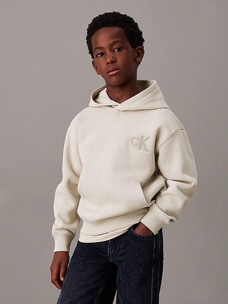 Calvin Klein Ekru Renkli Erkek Çocuk Bonded Pique Sweatshirt