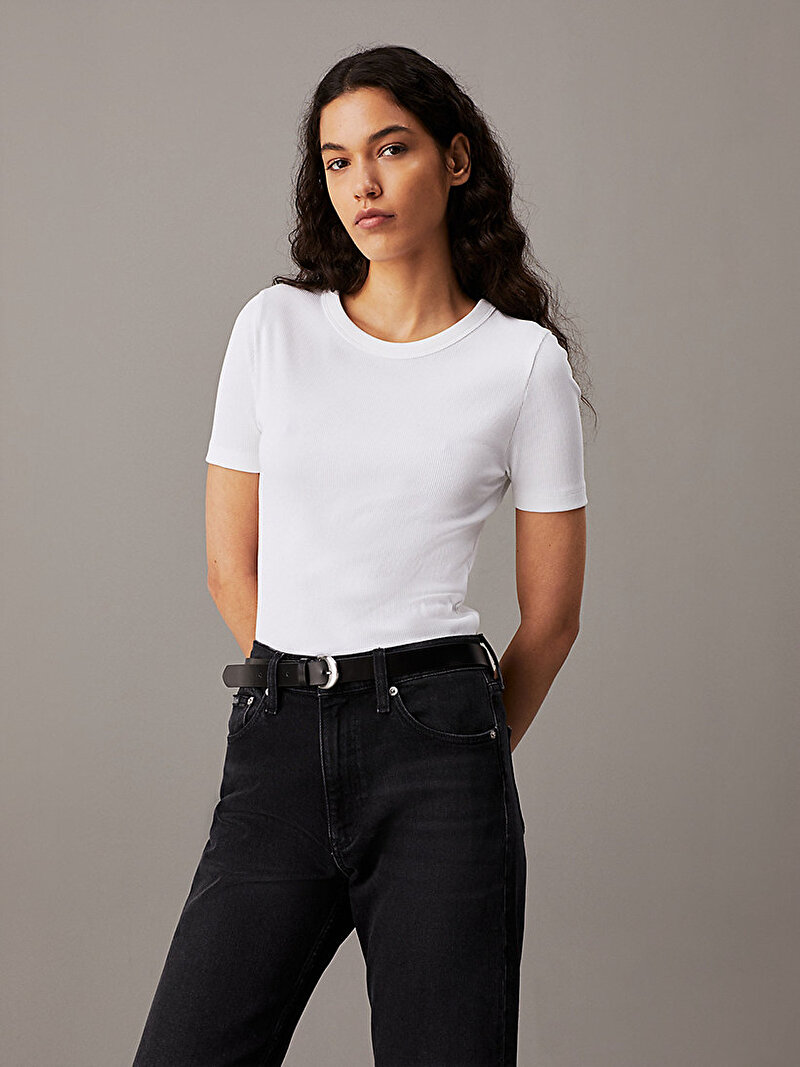 Calvin Klein Beyaz Renkli Kadın Woven Label T-Shirt