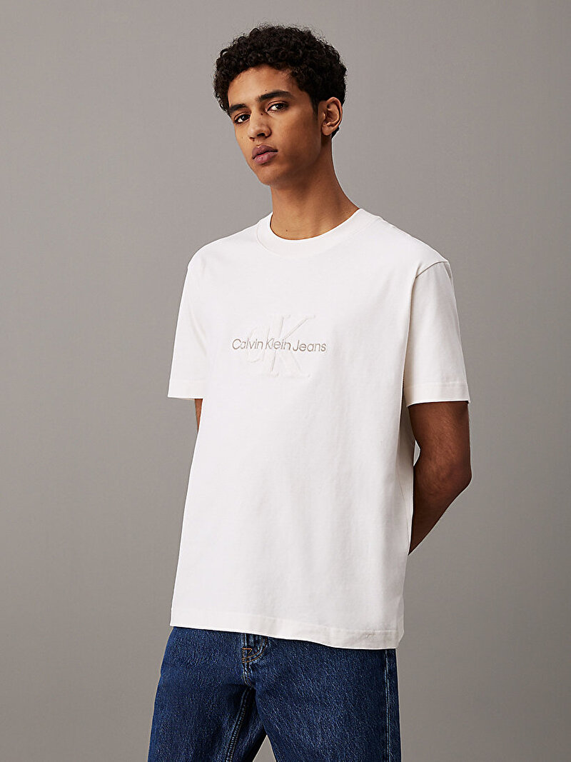 Calvin Klein Ekru Renkli Erkek Chenille Monologo T-Shirt