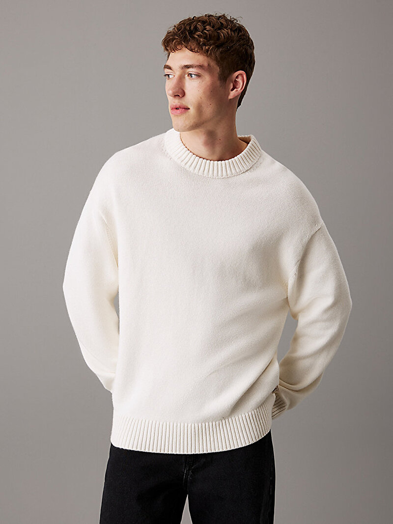 Calvin Klein Ekru Renkli Erkek Cotton Wool Crew Neck Kazak