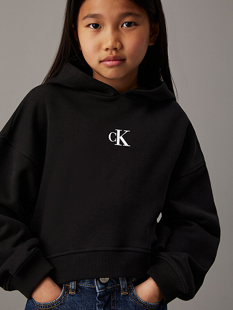 Calvin Klein Siyah Renkli Kız Çocuk CK Logo Boxy Fit Hoodie