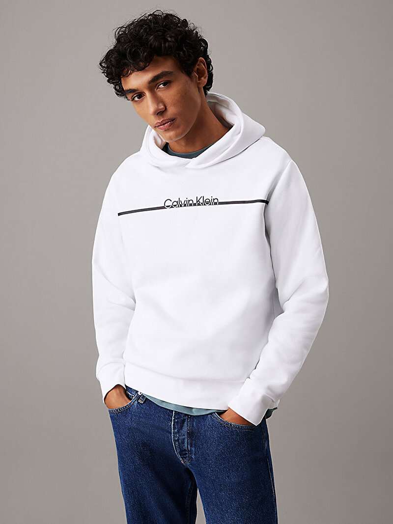 Calvin Klein Beyaz Renkli Erkek Split Line Logo Hoodie