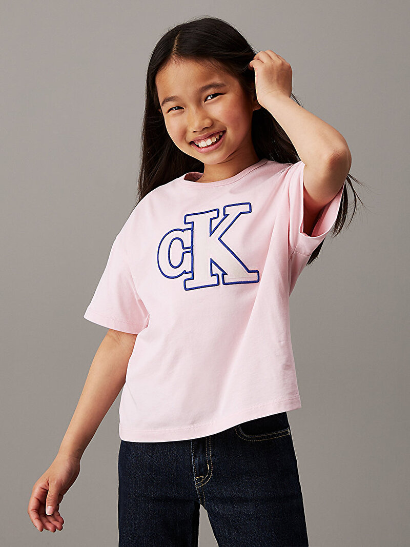 Calvin Klein Pembe Renkli Kız Çocuk Monogram Flock Boxy T-shirt