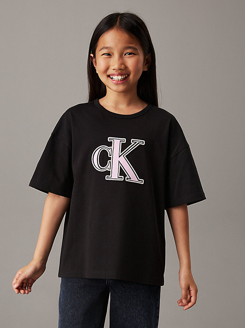 Calvin Klein Siyah Renkli Kız Çocuk Monogram Flock Boxy T-shirt
