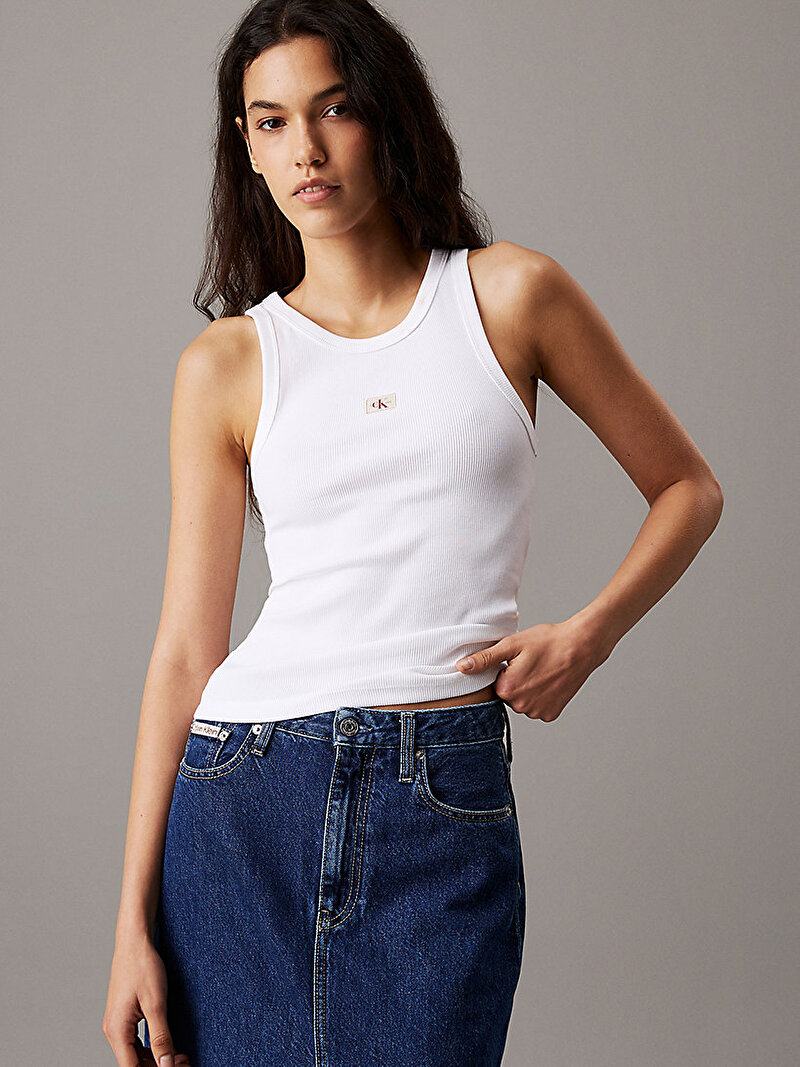 Calvin Klein Beyaz Renkli Kadın Woven Label Rib Tank Top