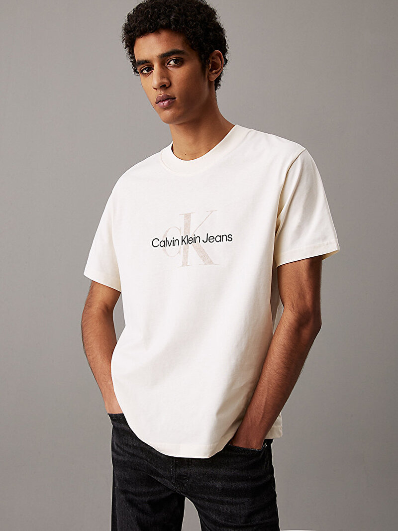 Calvin Klein Beyaz Renkli Erkek Textured Monologo T-shirt