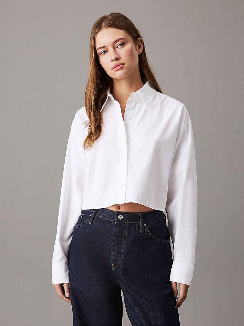 Calvin Klein Beyaz Renkli Kadın Oxford Crop Gömlek