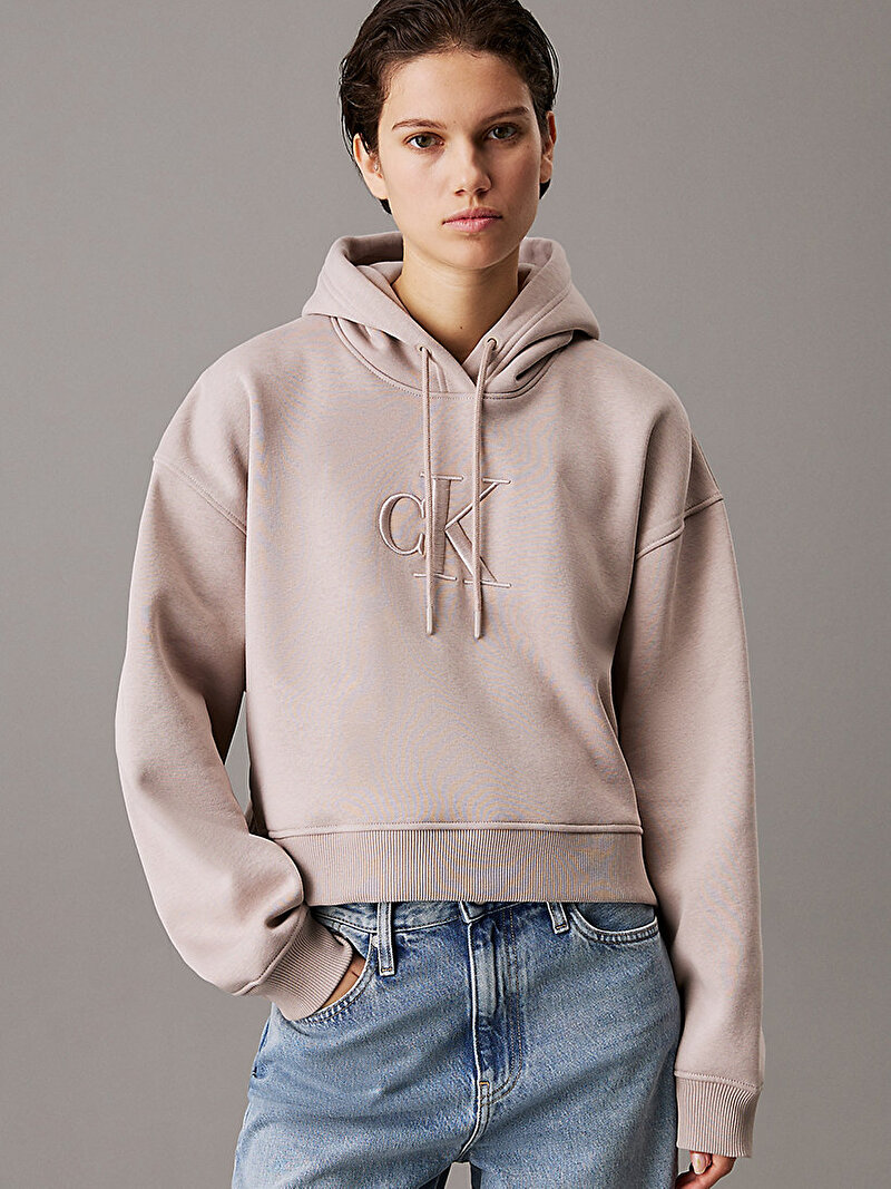 Calvin Klein Bej Renkli Kadın Raised Embroidery CK Sweatshirt
