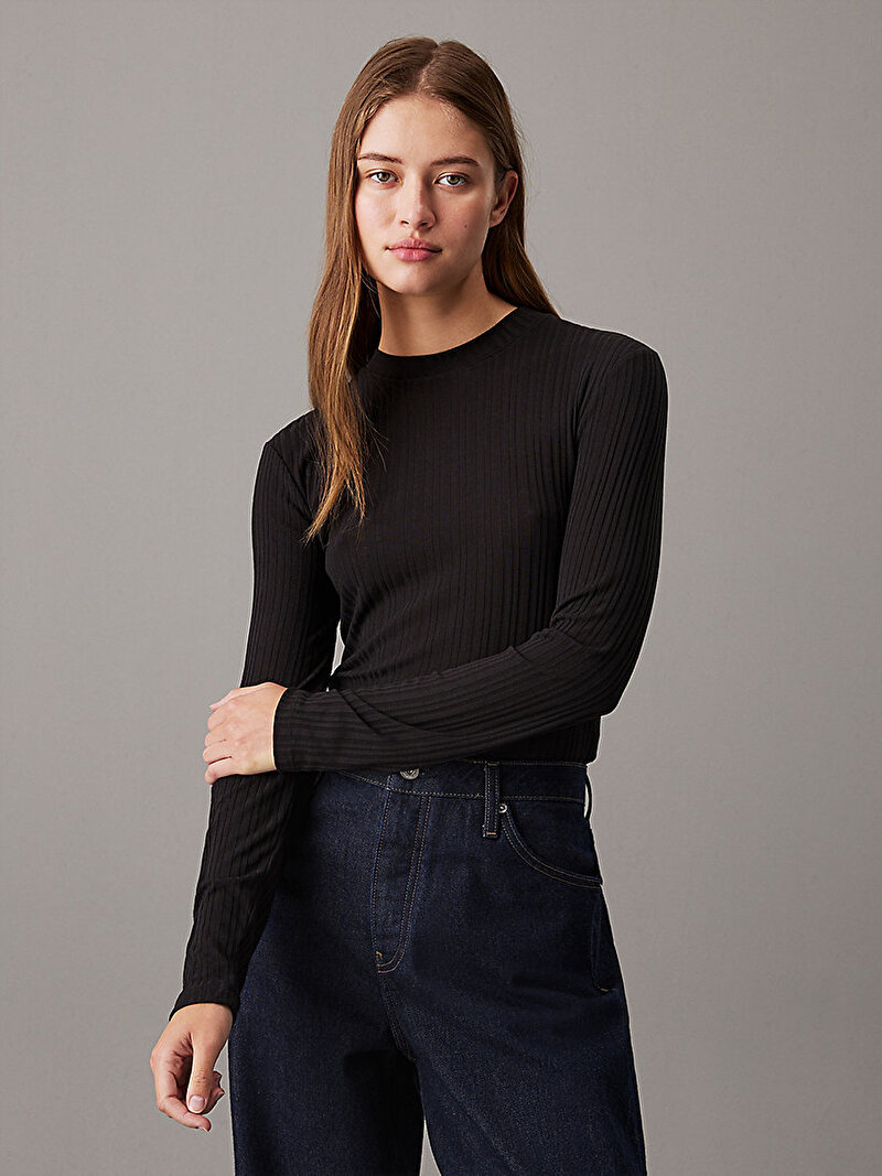 Calvin Klein Siyah Renkli Kadın Semi Sheer Rib Uzun Kollu T-shirt
