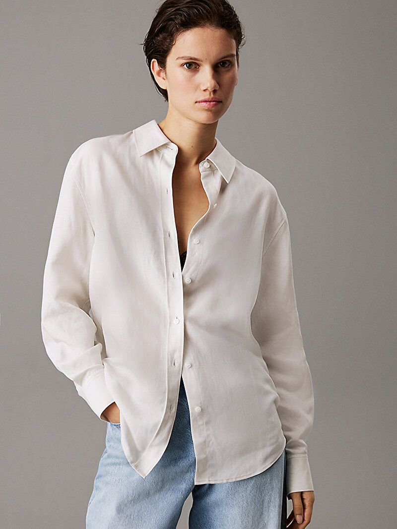 Calvin Klein Beyaz Renkli Kadın Linen Blend Regular Gömlek