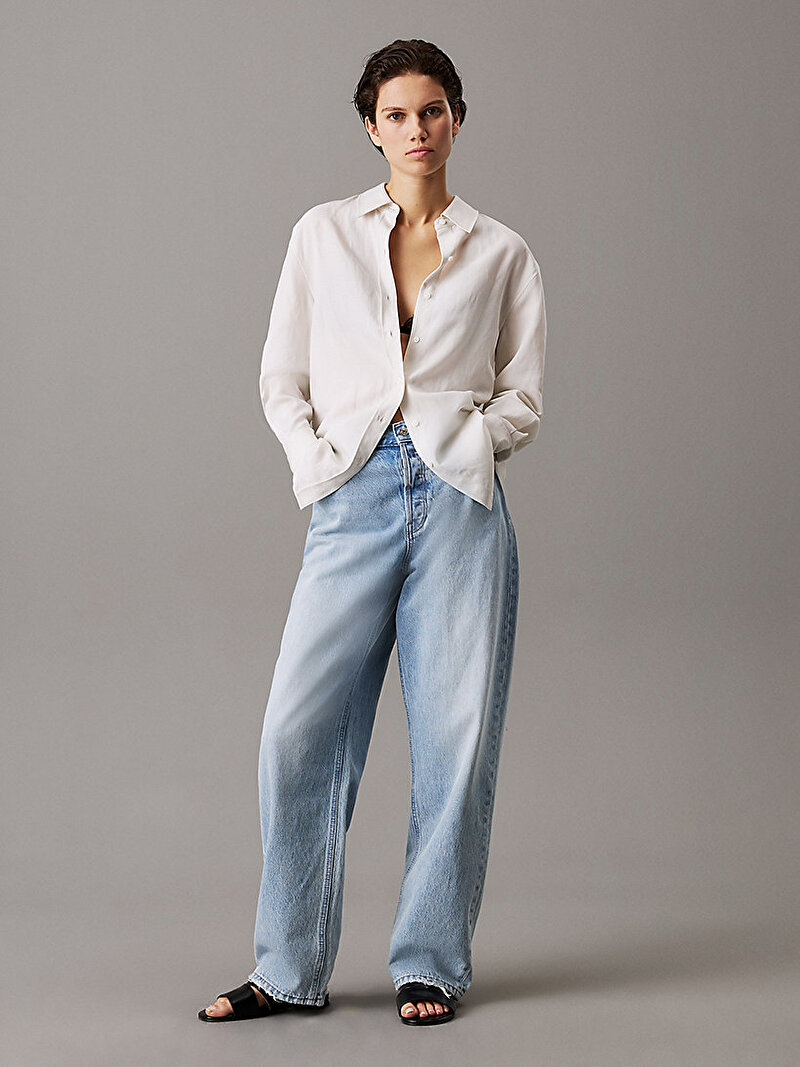 Calvin Klein Beyaz Renkli Kadın Linen Blend Regular Gömlek