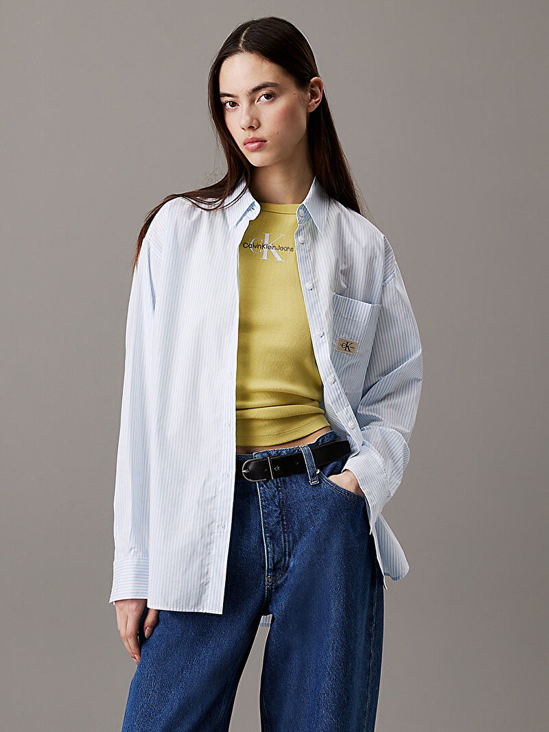 Calvin Klein Mavi Renkli Kadın Woven Label Relaxed Gömlek