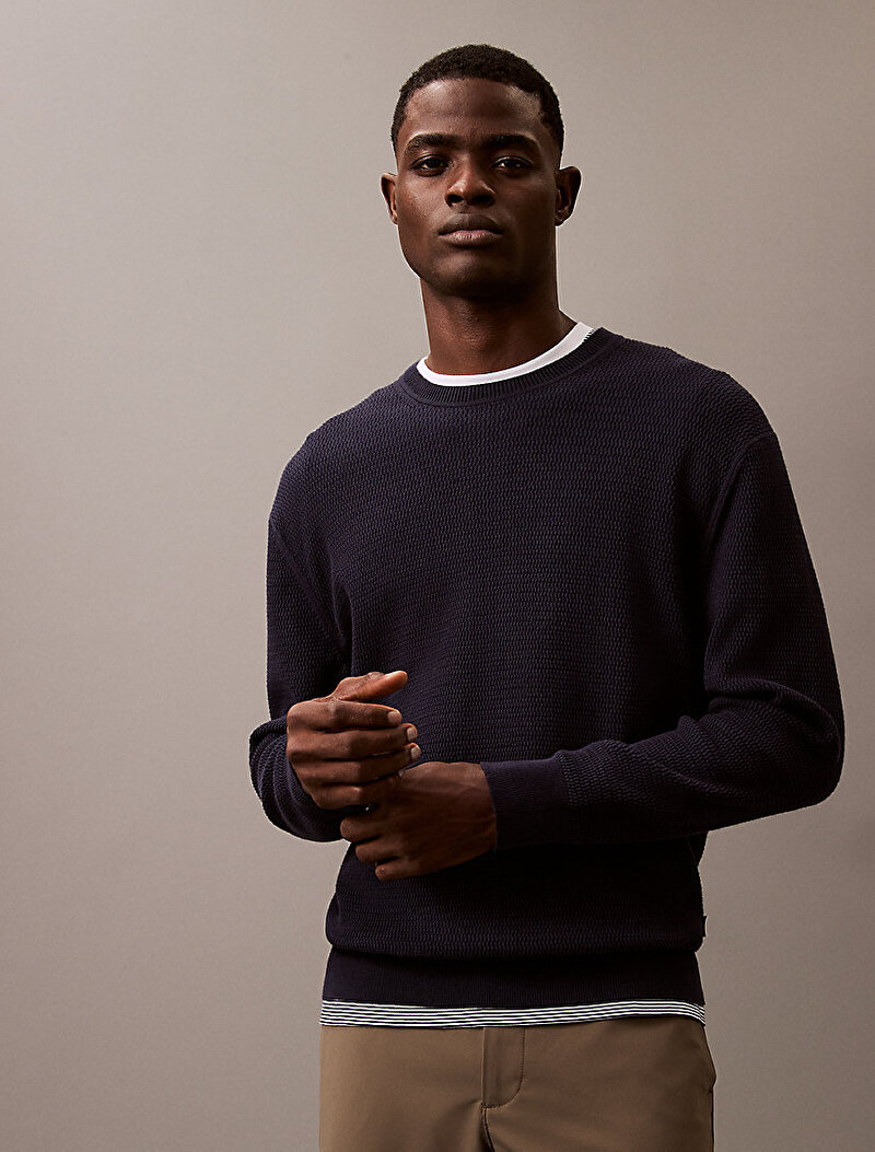 Calvin Klein Lacivert Renkli Erkek Ls Texture Cotton Kazak