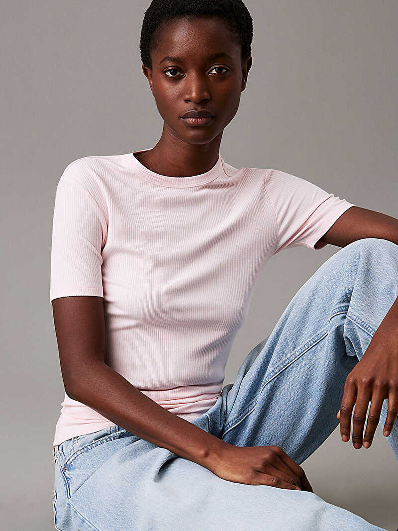 Calvin Klein Pembe Renkli Kadın Modal Rib Slim T-shirt