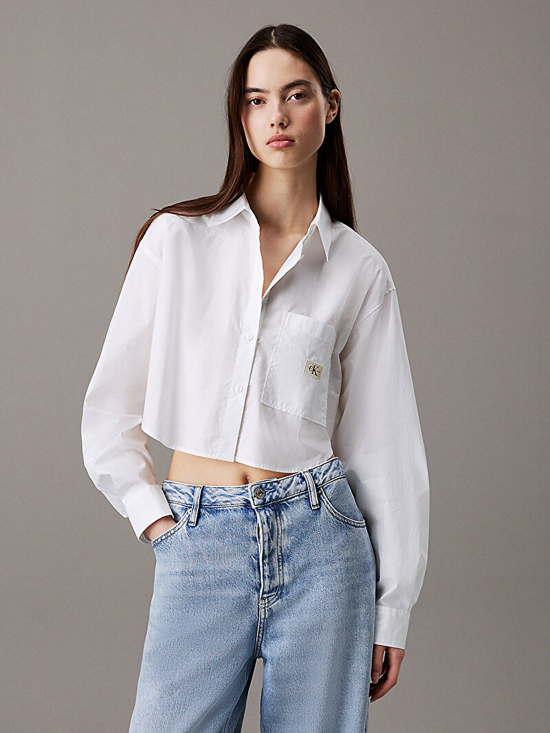 Kadın Woven Label Cropped Gömlek