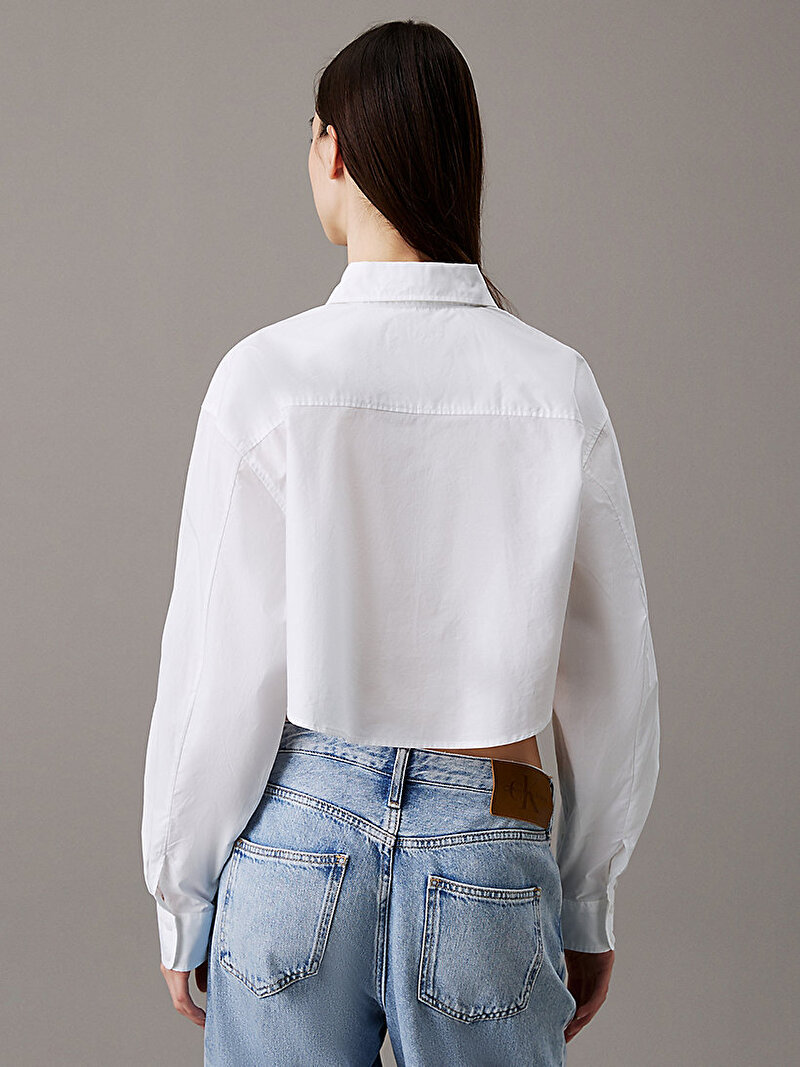 Calvin Klein Beyaz Renkli Kadın Woven Label Cropped Gömlek
