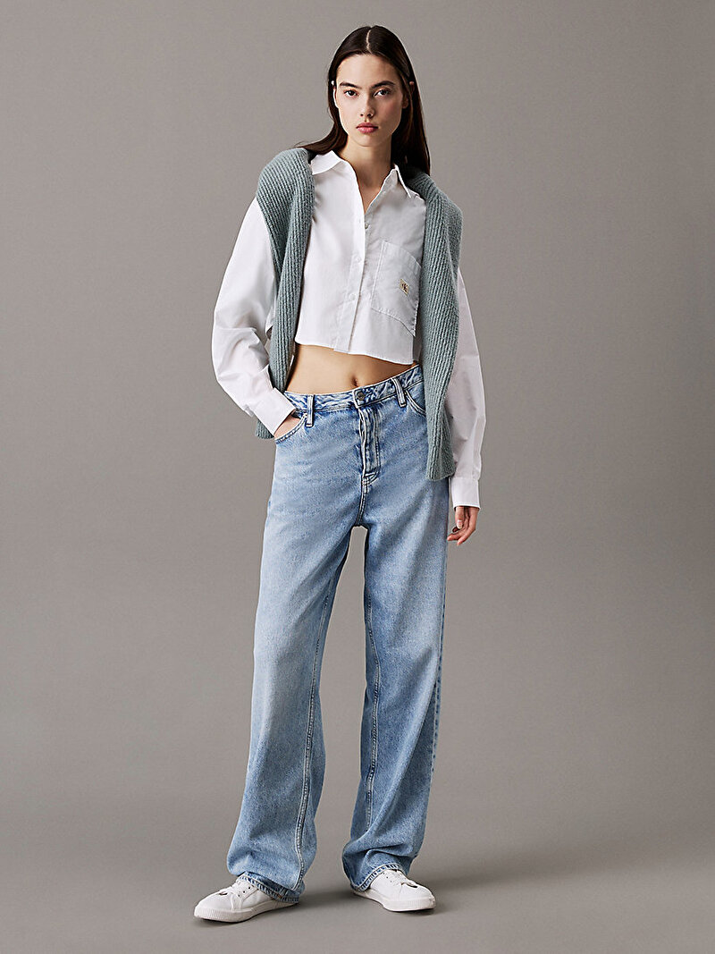 Calvin Klein Beyaz Renkli Kadın Woven Label Cropped Gömlek