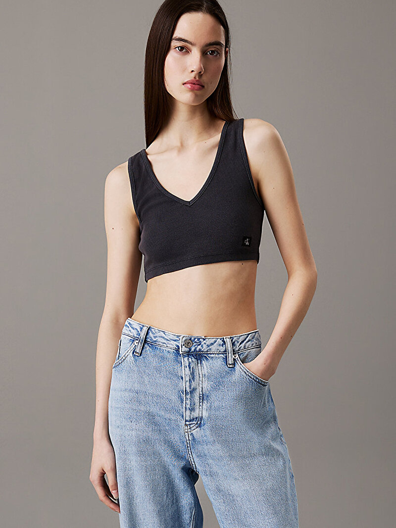 Kadın Washed Woven Label Crop T-shirt