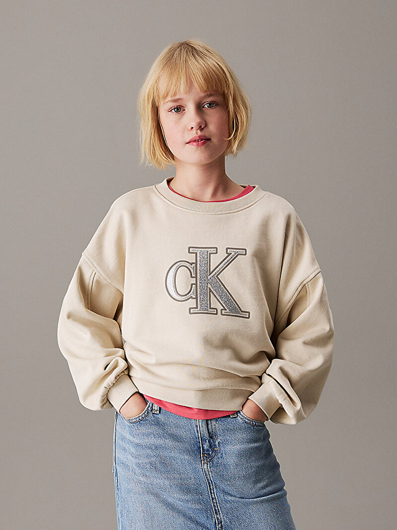 Calvin Klein Bej Renkli Kız Çocuk Metallic CK Sweatshirt