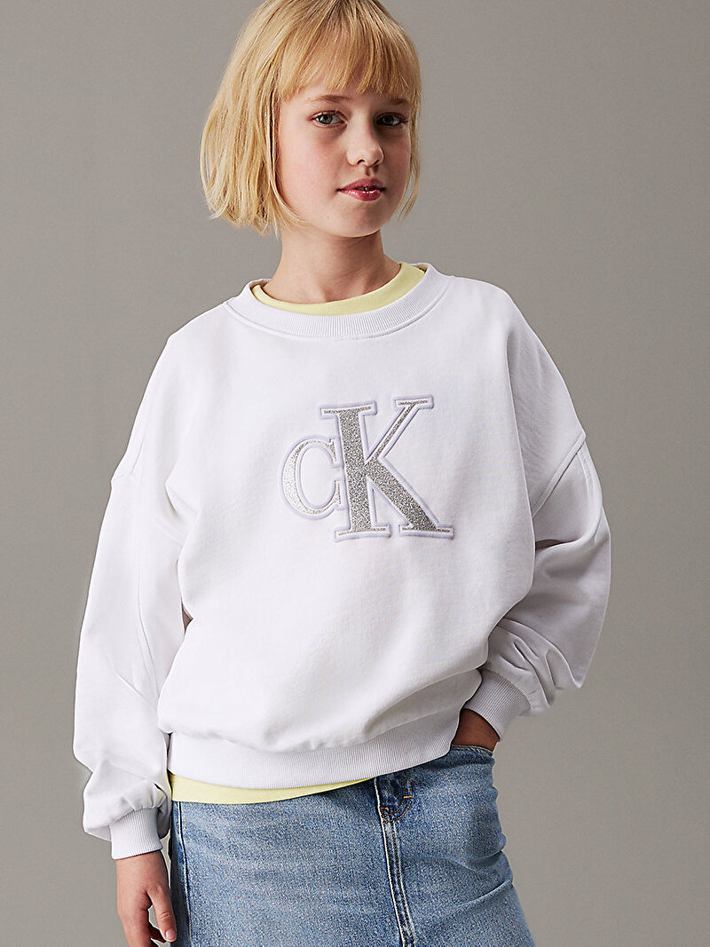 Calvin Klein Beyaz Renkli Kız Çocuk Metallic CK Sweatshirt