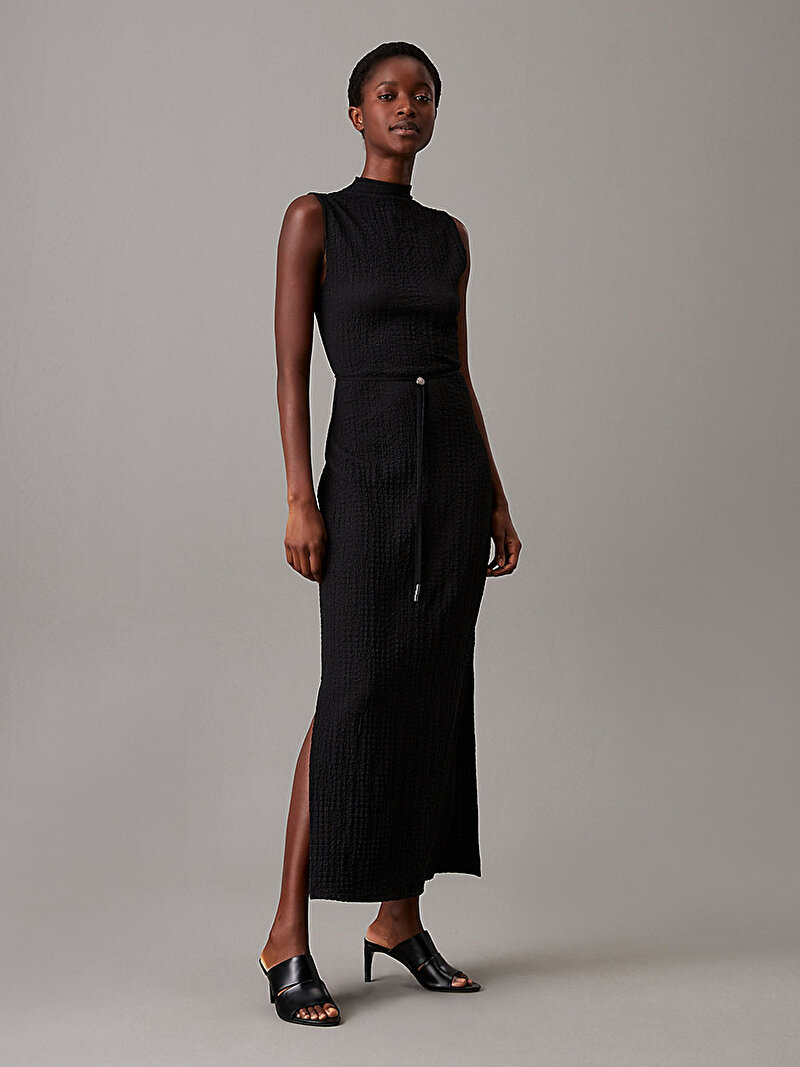 Calvin Klein Siyah Renkli Kadın Crinkle Jersey Ankle Elbise