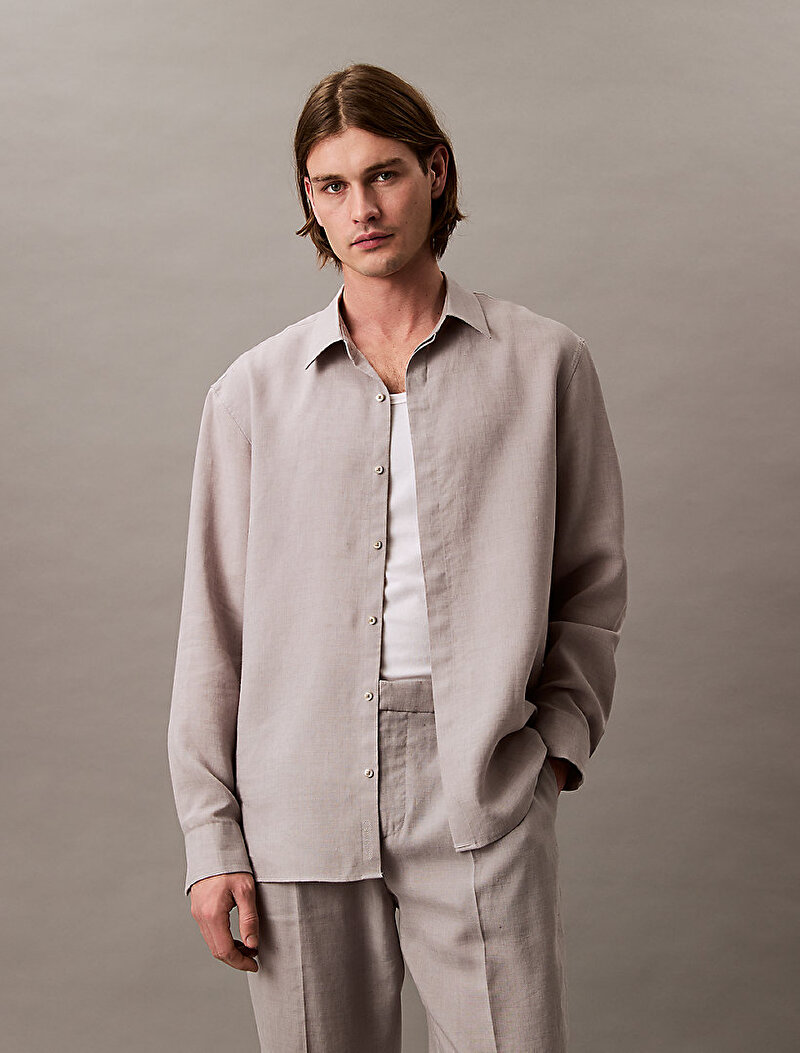Calvin Klein Gri Renkli Erkek Linen Easy Gömlek