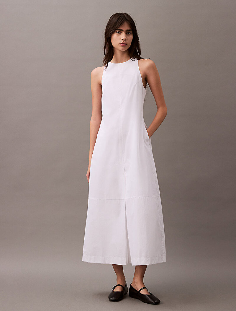 Calvin Klein Beyaz Renkli Kadın Poplin Simple Elbise