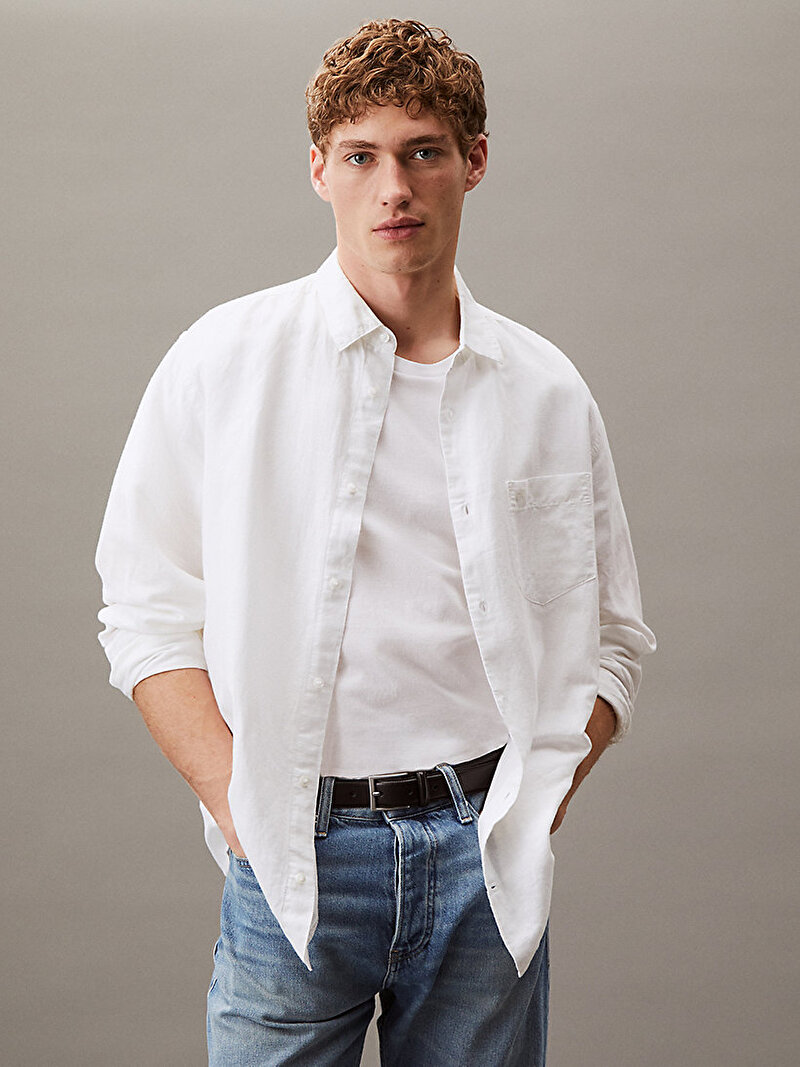 Calvin Klein Beyaz Renkli Erkek Linen Cotton Regular Gömlek