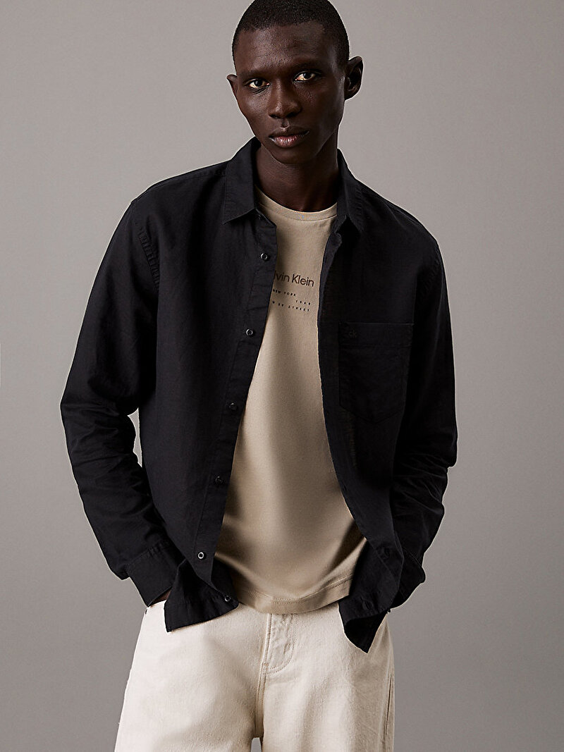 Calvin Klein Siyah Renkli Erkek Linen Cotton Regular Gömlek