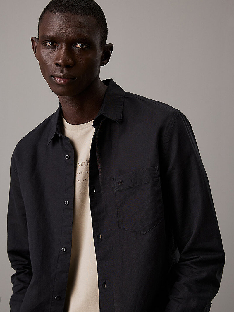 Calvin Klein Siyah Renkli Erkek Linen Cotton Regular Gömlek