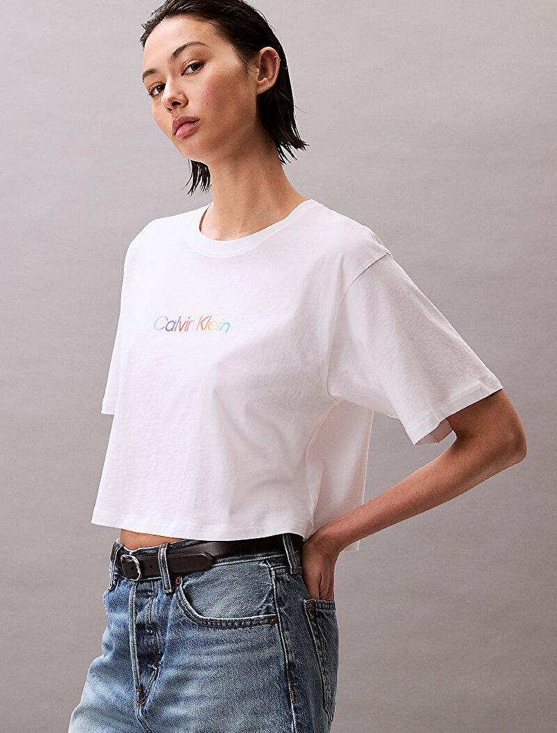 Calvin Klein Beyaz Renkli Kadın Cotton Boxy Crop Sweatshirt