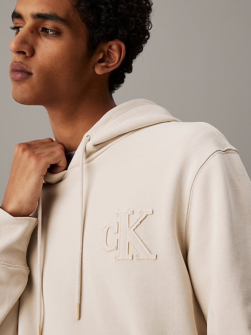 Calvin Klein Bej Renkli Erkek CK Applique Hoodie
