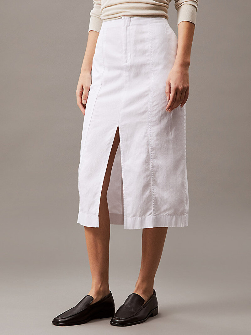 Calvin Klein Beyaz Renkli Kadın Soft Linen Midi Etek