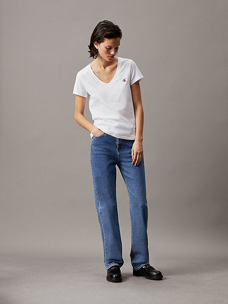 Calvin Klein Beyaz Renkli Kadın CK Embroidery Stretch T-shirt