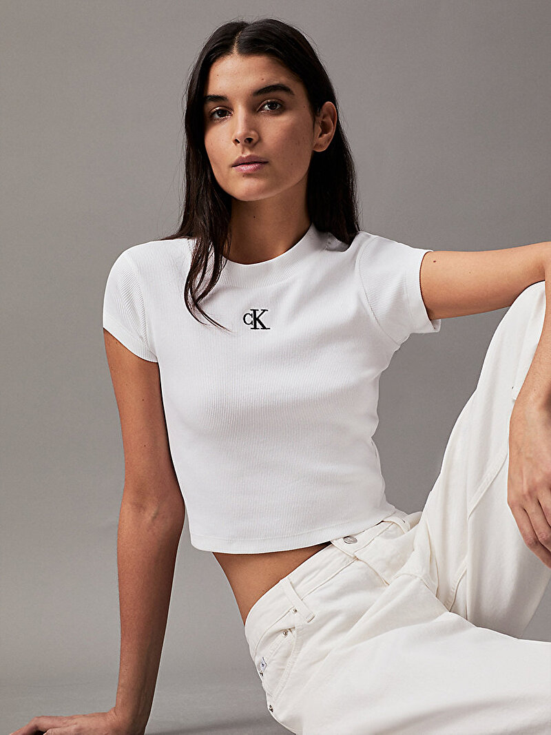 Calvin Klein Beyaz Renkli Kadın CK Rib Baby T-shirt