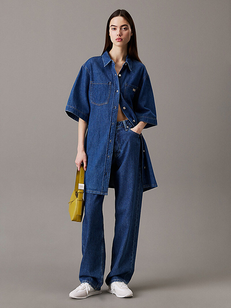 Calvin Klein Mavi Renkli Kadın Linen Boxy Kemerli Elbise